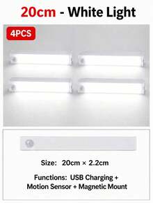 4 قطع شريط إضاءة LED دافئ USB 10/20/30/50 سم مع مستشعر حركة - شريط إضاءة LED بمستشعر حركة لاسلكي، إضاءة تحت الخزانة، مصباح ليلي مغناطيسي قابل للشحن قابل للالتصاق للممر وخزانة المطبخ والرف والخزانة وديكور المنزل - متعدد الألوان - مشاهدة 23