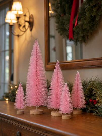 1 pieza/6 piezas Árbol de Navidad de cepillo de botella rosa, estilo granja vintage, mini árbol de Navidad de escritorio con base redonda, adorno de árbol de Navidad con cerdas verticales de varios tamaños, decoración de aldea navideña en tonos pastel, centro de mesa de invierno, decoración de chimenea de Navidad, estante de repisa, bandeja de doble capa, adorno de mini árbol de Navidad, decoración de fiesta navideña, decoración del hogar de Año Nuevo, decoración de exhibición navideña hecha a mano, regalo de Navidad, conjunto de decoración navideña interior rosa