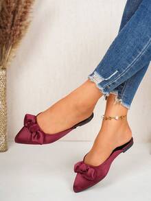 Spring Summer Autumn New Burgundy Satin Bow Mule Slippers Pointed Toe Closed Toe Flat Half-Slippers Commute Date Gentle Wear Office Party Banquet Women's Shoes - Burgundy - View 4