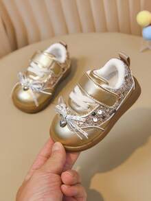 Gold Sequin Girls' First Walker Shoes, Heart Pendant Bow Magic Tape Princess Shoes For Baby Girls - Rose Gold - View 9