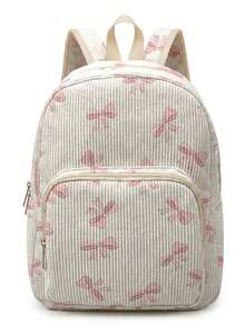 1 Piece Backpack, Women's Mini Backpack, Corduroy Girl School Bag, Travel Storage Bag, Bow Printed Design, Large‑Capacity Foldable Easy‑To‑Store Bag, Lightweight & Pressure‑Relieving, Multi‑Pocket Layered Design With Zipper Closure - Pink Bow 22650 - View 5