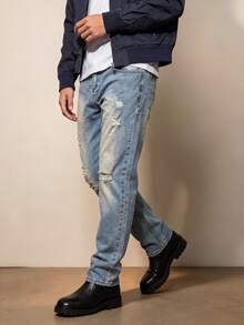 Men's Washed Slim Fit Tapered Jeans, Vintage Gradient Cat Whisker Distressed With Multiple Knee Rips And Holes, Vibe Street Casual Everyday Denim - Blue - View 4