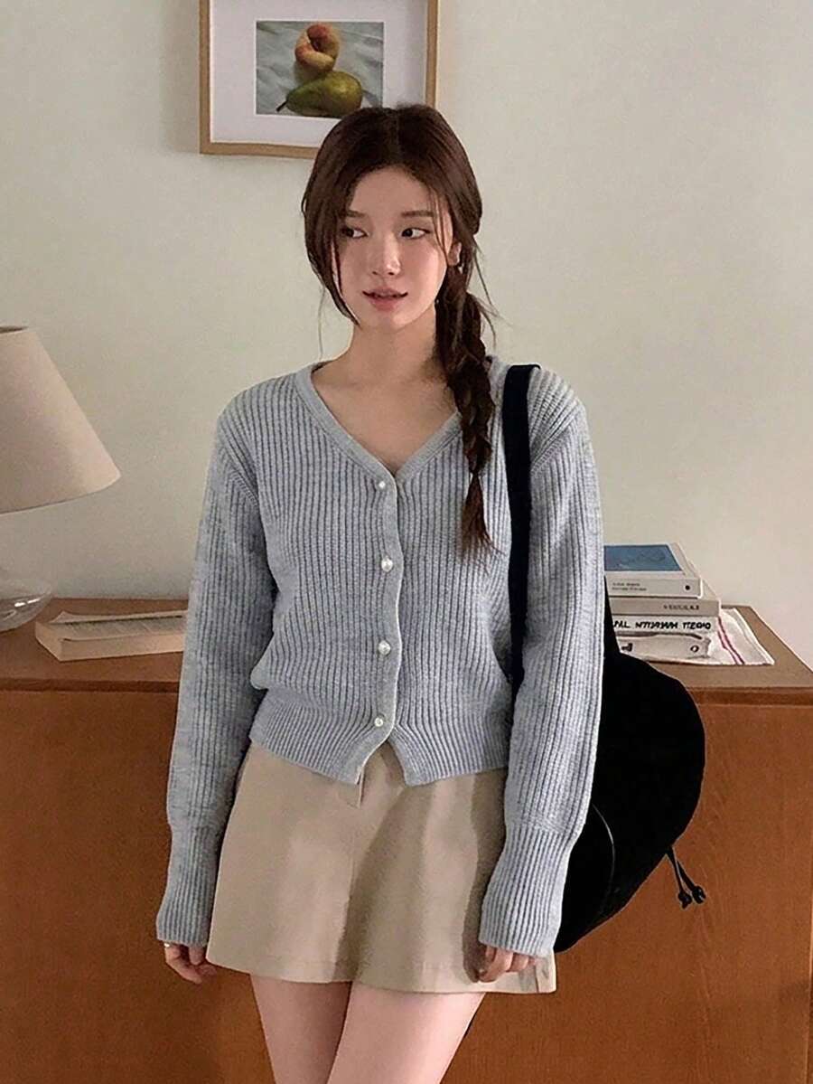 Cardigan Lengan Panjang Kancing Depan Serbaguna untuk Wanita, Desain Musim Gugur/Dingin YCYC - Grey - View 1