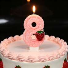1pc Handmade Pink Glitter Number Birthday Candle With Rhinestone Raspberry Fruit Decoration, 0-9 Number Cake Topper, Sweet Cute Girl Birthday Baby Shower Fruit Theme Party Dessert Table Celebration Supplies - Pink Strawberry - View 2