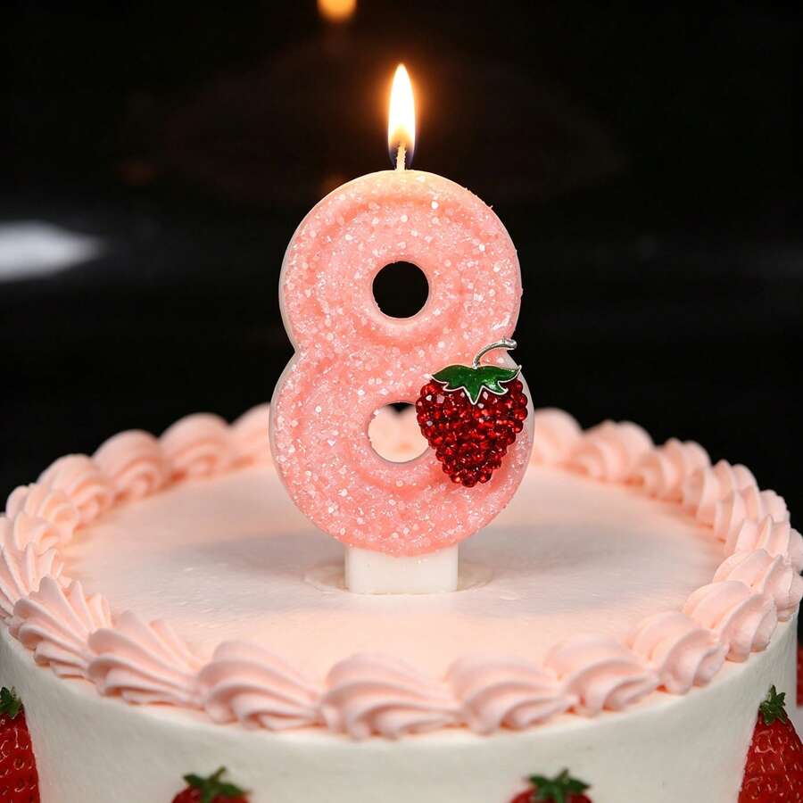 1pc Handmade Pink Glitter Number Birthday Candle With Rhinestone Raspberry Fruit Decoration, 0-9 Number Cake Topper, Sweet Cute Girl Birthday Baby Shower Fruit Theme Party Dessert Table Celebration Supplies