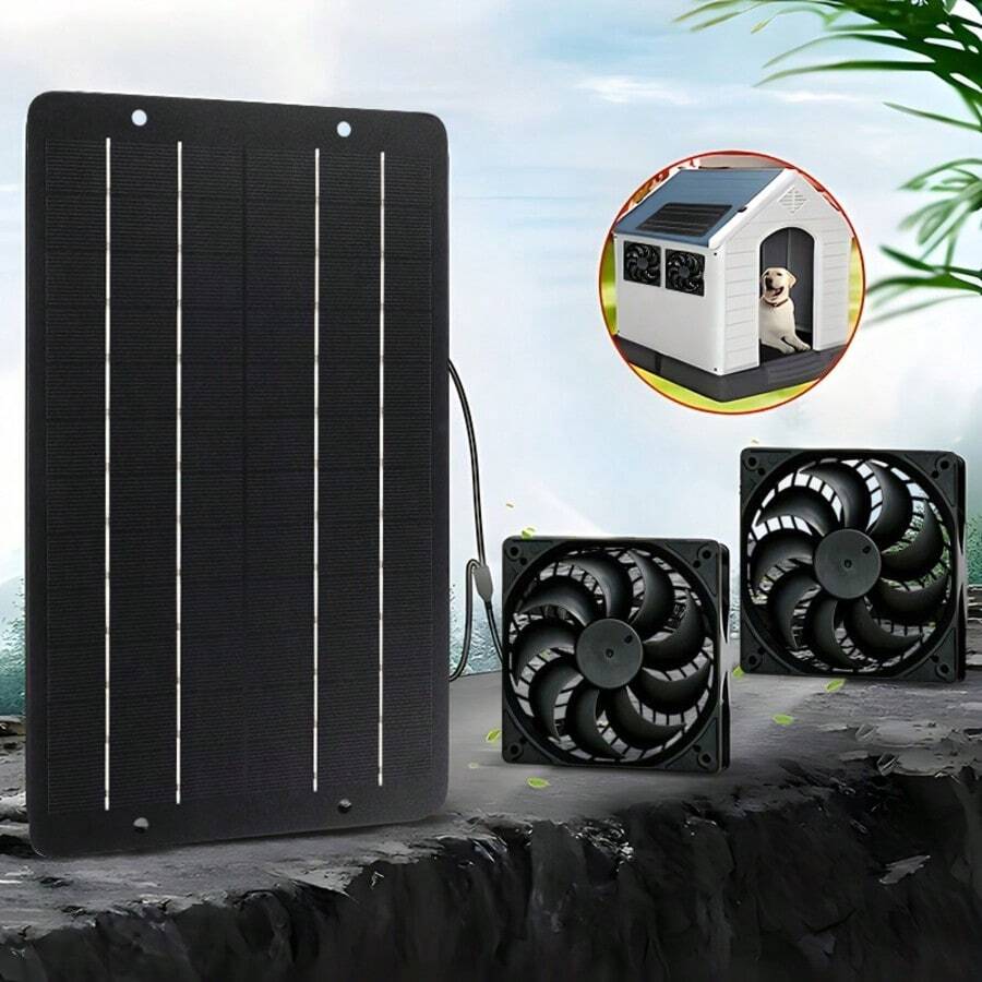 Low Noise Solar Panel With 2 Cooling Fans, Outdoor Solar Fan Kit, Solar Powered No Battery Required, Suitable For Attic, Shed, Barn, Greenhouse, Dog House And Pet House - Black - View 1
