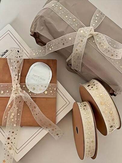1 Roll 20 Yards Gold Foil Star Ribbon, Gift Wrapping Rope Ribbon, Birthday Wrapping, Handmade, Hairband, Party Decoration Gift, Gift Supplies, DIY Crafts Suitable For Birthday, Wedding, Graduation, Christmas, New Year, Mother's Day