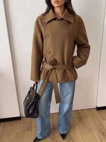 Stand Collar Double-Breasted Short Wool Coat, Loose Fit British Style Tie-Up Jacket, Autumn/Winter - Brown - View 5