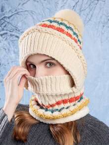 1 pieza Gorro de invierno para mujer con bufanda y mascarilla facial todo en uno, forro térmico, protección para orejas, para montar, a prueba de viento - Multicolor - Ver 3