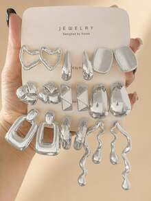 6-18pcs/Set Heart, Water Drop, Asymmetrical Wave, Geometric Polygon, Triangle Multiple Styles Earring Set, Women's Fashion Silver Earring Set, Elegant And Versatile, Suitable For Party, Travel, Gift, Engagement And Other Occasions - Silver - View 8