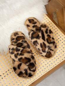 Women's Cross-Strap Anti-Slip Wear-Resistant Solid Color Open-Toe Low-Heel Fuzzy Slippers, Comfortable Home Wear With Rabbit Fur And Faux Fur - Leopard Brown - View 4