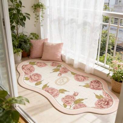 1PC White And Pink Floral Wavy Plaid Soft Cozy Living Room Rug, Bedroom Decor, Home Leisure Carpet, Decorative Rug, Bedroom Decor, Small Rug, Carpet, Home Decor, Living Room Rug, Living Room Small Rug, Bedroom Rug, Living Room Home Decor, Outdoor Rug, Washable Rug