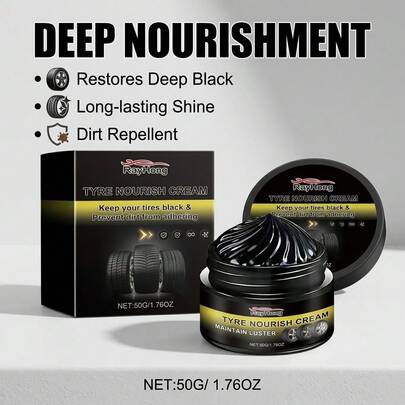 rayhong 50g Tyre Nourish Cream Tire Shine & Protectant – Long-Lasting Black Tire Dressing For Deep Gloss Finish, UV Protection Prevents Fading & Cracking, Anti-Dust Formula Repels Dirt, Restores Faded Rubber & Trim