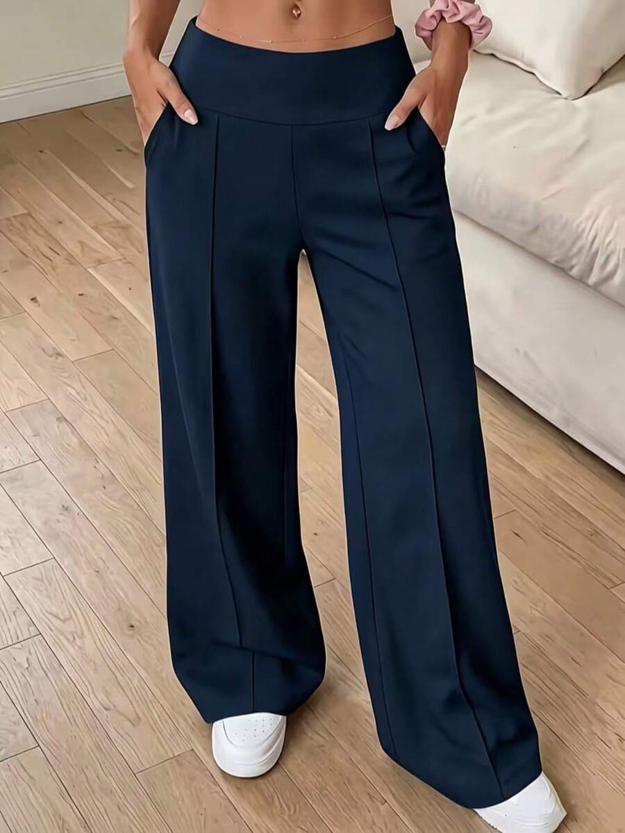 Women's Casual Home Pants, Solid Color High Waist Wide Leg Lounge Pants (With Pockets) - Navy Blue - View 1