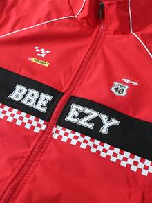 Men's Red & Black Colorblock F1 Racing Style Stand Collar Jacket, Multi-Print Loose Fit Vintage Motorcycle Casual Jacket, Spring/Autumn - Red - View 4