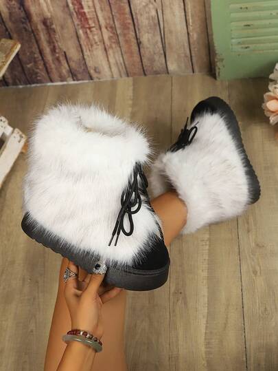 European And American Vintage Style Color Block Faux Fox Fur Mid-Calf Snow Boots For Women, Lace-Up Thick Sole Fuzzy Ankle Boots, Winter Outdoor Thermal Lined Warm Winter Shoes, Black And White Color Block Fuzzy Snow Boots For Women, Lace-Up Thick Sole Fuzzy Ankle Boots, Vintage Faux Fox Fur Mid-Calf Snow Boots, Thick Sole Lace-Up Warm Boots, European And American Style Color Block Fuzzy Boots, Winter Thickened Thermal Lined Short Snow Boots