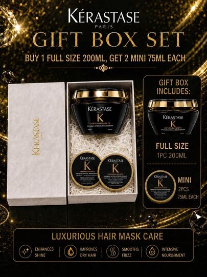 Coffret soin cheveux Kérastase Black Diamond, 200 ml + 75 ml * 2, réparation intense, nutrition, cheveux doux et brillants, convient aux cheveux abîmés et secs.