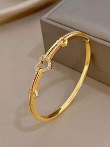 1pc Elegant Hollow Heart Series Bangle Bracelet For Women Luxury Zirconia Golden Copper Bangle For Daily Party Valentine Birthday Christmas Jewelry Gift - Multicolor - View 2