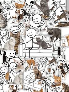 50Pcs Funny Cat Meme Sticker Pack, Line Figure & Cute Cat Print, Aesthetic Humorous Meme Decals, Waterproof Stickers, For Teen Journal, Tumbler, Notebook DIY Decor - Multicolor - View 1
