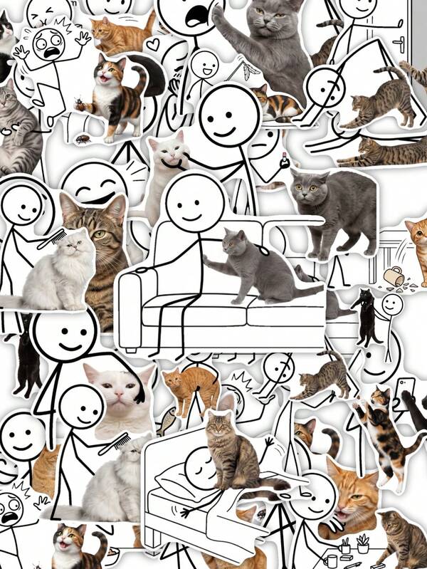 50Pcs Funny Cat Meme Sticker Pack, Line Figure & Cute Cat Print, Aesthetic Humorous Meme Decals, Waterproof Stickers, For Teen Journal, Tumbler, Notebook DIY Decor