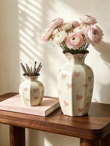 Cream White Ceramic Vase, Pink Heart Pattern Decorative Vase, Glazed Floral Vase And Pen Holder, Suitable For Bedroom, Children's Room Aesthetic Desktop Centerpiece - View 6