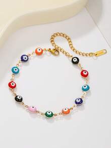 1pc Fashion Bohemian Style Stainless Steel Enamel Turkish Evil Eye Bracelet For Women, Colorful Evil Eye Pendant Jewelry Gift, Random Eye Color - Multicolor - View 7