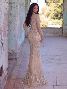 Faeriesty Women's Luxury Evening Gown - High Neck Mermaid Style Evening Dress With Shell Trim And Sequin Embellishments Fall Wedding Party - Champagne - View 3