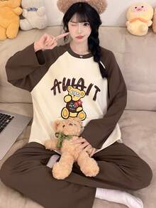 2pcs/Set Women's Pajamas Loungewear, Cute Bear Print Fashion Pullover Round Neck Long Sleeve Cropped Pants Set, Easy Care Fabric - Brown - View 9