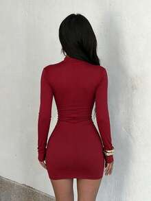 1pc Solid Color Sexy Knit Fabric Dress For Vacation Autumn - Burgundy - View 4