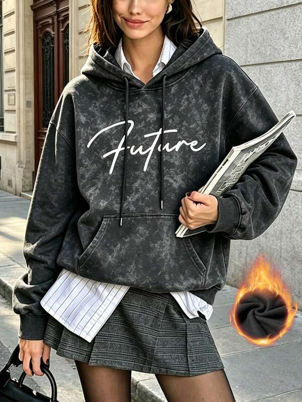 Women's Autumn/Winter New Minimalist Pullover Sweatshirt With Pockets, Casual Fashion Versatile Tie-Dye Thermal Lined Sweatshirt Fall