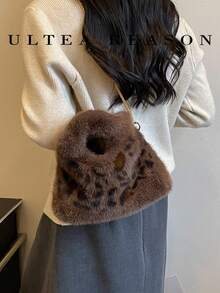 1pc Leopard Print Plush New Women's, Shoulder Bag, Crossbody Bag, Fashion Square Handbag, Bucket Bag, Chain Strap, Suitable For Commuting, Shopping, Dating - Coffee - View 2