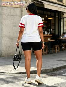 2 Pieces/Set Women's Casual Y2K American Striped Sports Print Round Neck Short Sleeve T-Shirt High Waist Loose Straight Shorts In Summer - White - View 7