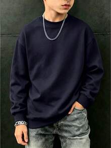 Boys Solid Color Minimalist Crew Neck Long Sleeve Sweatshirt, Casual Fashion, Suitable For Autumn/Winter Outdoor Wear - Navy Blue - View 1
