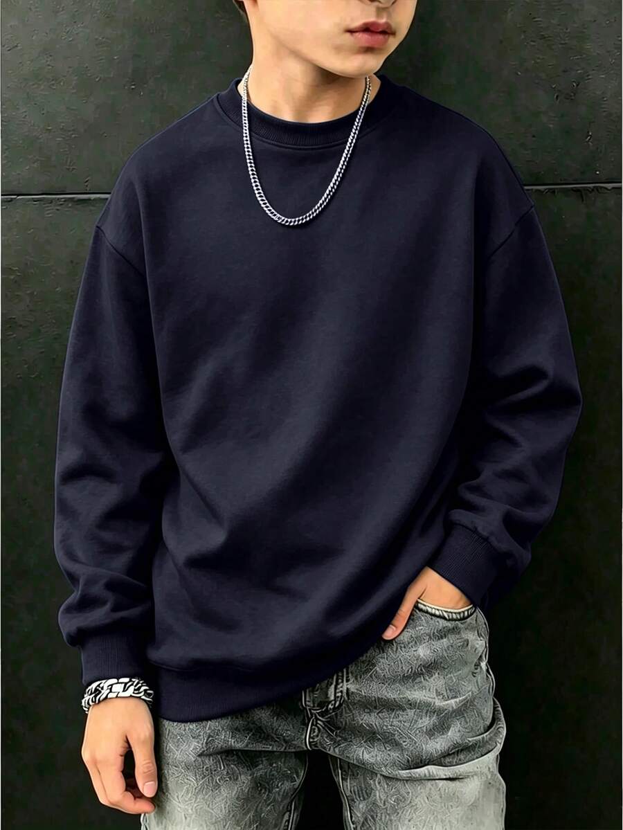Boys Solid Color Minimalist Crew Neck Long Sleeve Sweatshirt, Casual Fashion, Suitable For Autumn/Winter Outdoor Wear - Navy Blue - View 1
