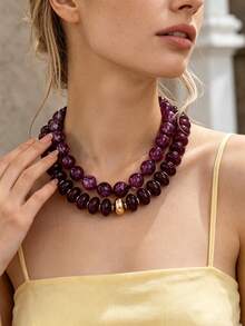 OABE 2pcs/Set Bohemian Style Purple Beaded Layered Necklace Set With Round And Oval Beads, Suitable For Women's Daily Wear - Purple - View 8