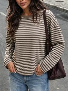 Women's Long Sleeve Striped Pattern Crew Neck Fashion Casual T-Shirt - Khaki - View 5