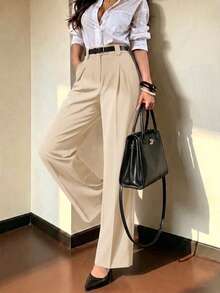 Pantalones de traje para mujer elegantes y casuales de otoño con cintura alta, pierna ancha plisada, detalle de botones dorados, bolsillos laterales, corte holgado, outfit para brunch, ciudad, trayecto al trabajo y día laboral - Albaricoque - Ver 3