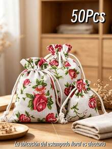 120/80/50Pcs Rose Burlap Drawstring Pouches, Mini Floral Gift Bags For Wedding Party Jewelry Favors - Multicolor - View 8