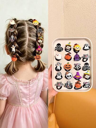 15pcs Girls Random Halloween Skull Ghost Pumpkin High Elasticity Hair Ties, Funny Versatile Daily Party School Casual Hair Accessories