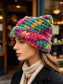 1 Pc Layered Gradient Color Cat-Ear Hand-Knitted Hat, Thick Woolen Scarf For Warmth And Protection, Hair Accessory, Gift For Friends - Multicolor - View 3