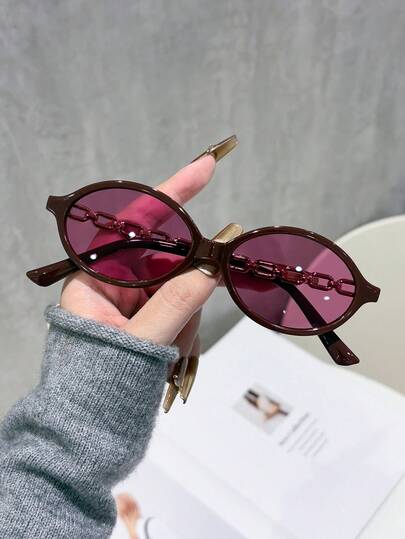 1pc Oval Small Frame Premium Fashion Glasses, Chain Temple Decoration, Unisex