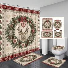 1pc/4pcs Christmas Reindeer Wreath Multi-Functional Bathroom Decor Shower Curtain Set, Free 12 Hooks, Premium Holiday Atmosphere, Bathroom Mat U-Shaped Floor Mat And Round Toilet Lid Cover, Suitable For All Christmas Scenes Decoration - Reindeer Wreath - View 8
