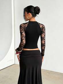 1pc Solid Color Knit Fabric Lace Patchwork Top Office Autumn - Black - View 4