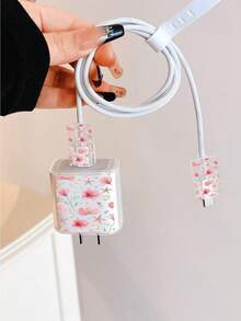 極簡花卉蘋果充電器蝴蝶結造型保護套，適用 20W Apple 15 充電線保護套、16 Pro Max 手機數據線保護套、13/14 Plus 保護殼，防斷裂、防貓咬 - 粉花海洋 - 查看 3