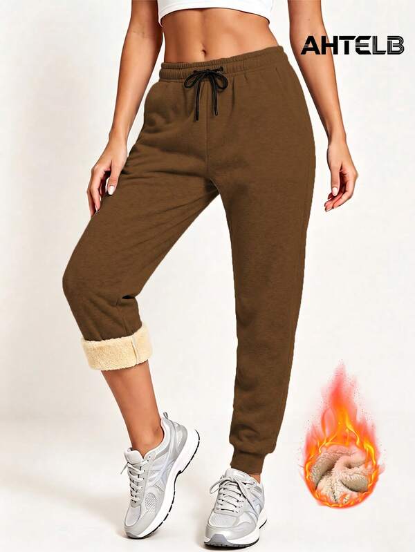 AHTELB Women's Autumn/Winter Warm Thermal Lined Joggers, Lamb Thermal Lining Drawstring Elastic Waist Casual Sweatpants, Comfortable Cuffed Hem, Suitable For Daily Commute, Running, Fitness, Home Leisure And Entertainment, Gift For Wife, Girlfriend, Friend And Mother, Casual Thermal Pants, Women Joggers, Athletic Trousers