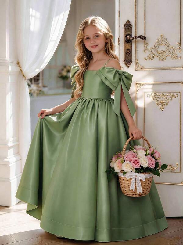 Tween Girl Mint Green Bow Long Elegant Dress, Princess Gown, Suitable For Girls Birthday Party, Wedding Flower Girl Dress, Piano Performance, Evening Party, Luxury Evening Gown, Easter, Graduation Dress