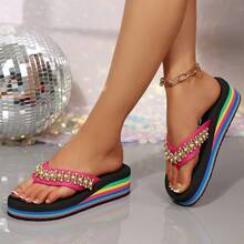 Pearl Rhinestone Wedge Flip Flops For Women, Colorful Thick Sole Toe-Post Sandals, Beach Vacation Dress Matching Sandals - Hot Pink - View 3