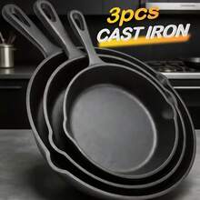 3pcs Heavy-Duty Cast Iron Skillet Pan Set - Pre-Seasoned Round Cookware With Stovetop & Even Heat Distribution, Featuring An Uncoated Skillet With A Handle, Versatile For Home Cooking, Outdoor Camping Grilling, Steaks, And Omelettes - View 3