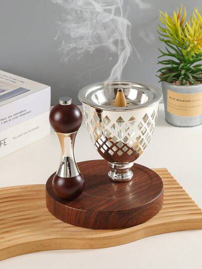 1pc Elegant Metal Incense Burner, Hollow‑Out Silver Censer With Wood‑Tone Base, Dual‑Use Desktop Fragrance Diffuser & Decorative Ornament, Stylish Home Accent For Living Room, Bedroom, Yoga & Meditation Spaces, Ideal Festival Gift For Aroma Lovers