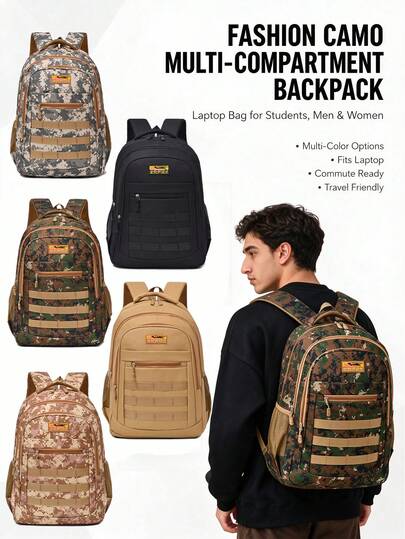 1pc Tactical Camouflage Backpack Large Capacity Multi-Compartment Student School Bag Laptop Backpack Outdoor Travel Multi-Function Backpack Multiple Colors Available